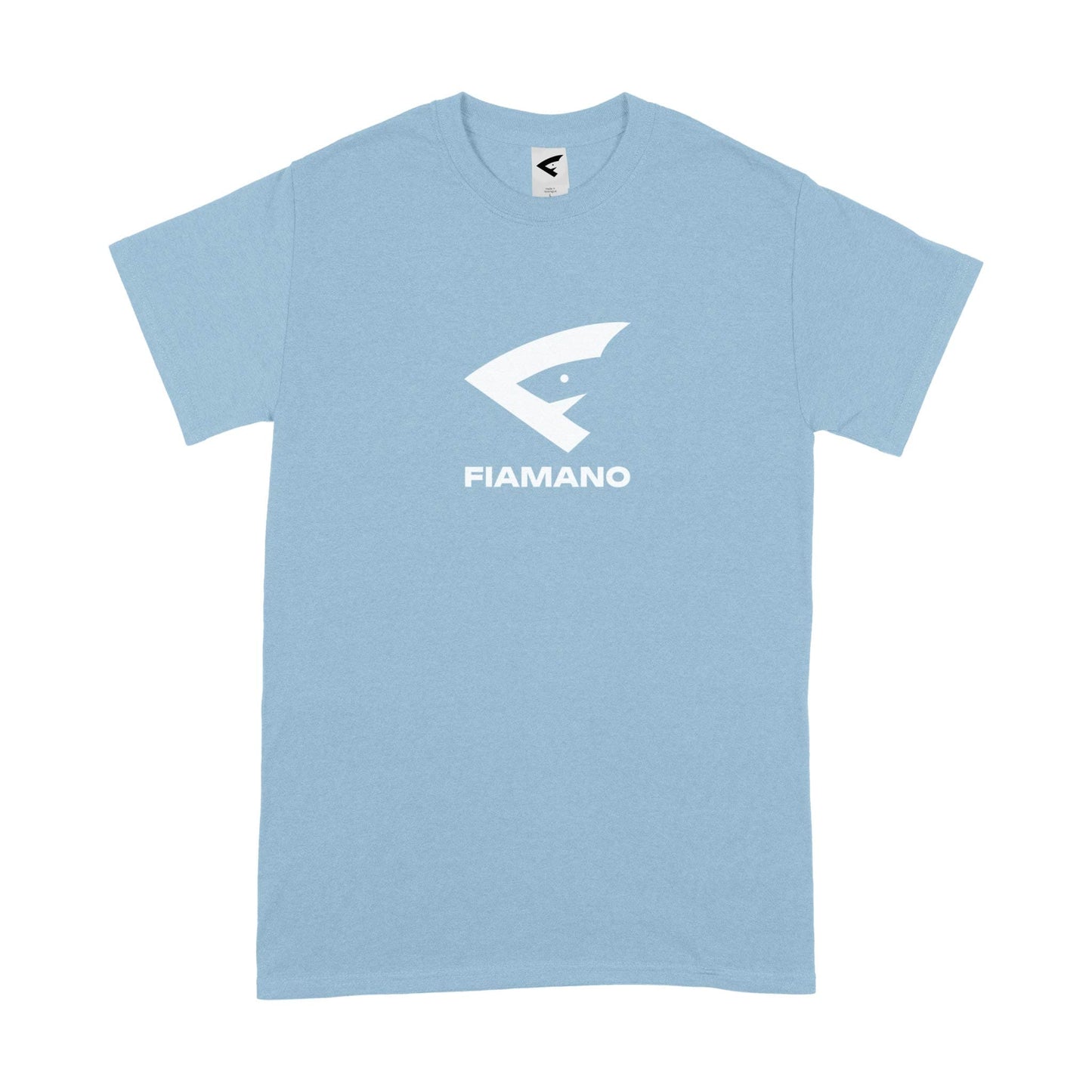 men's light blue t-shirt with white FIAMANO name and logo