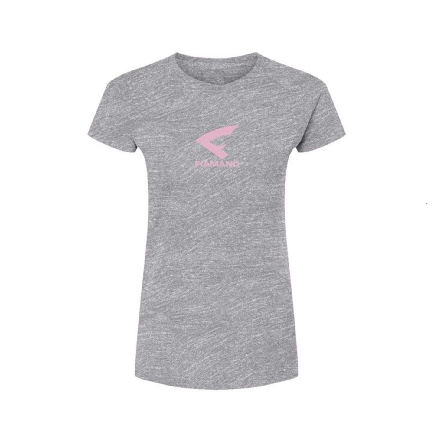 women's grey t-shirt with pink FIAMANO name and logo