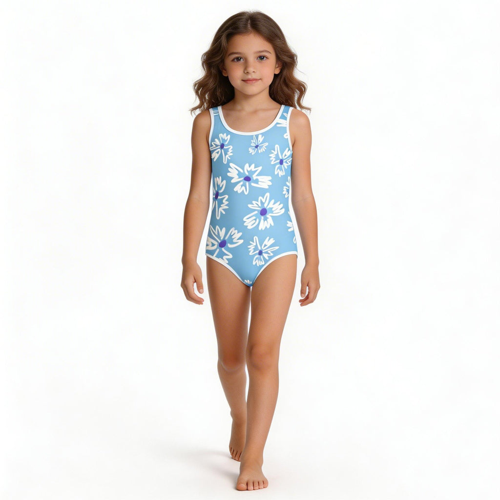 girl's blue and white floral pattern one-piece swimsuit