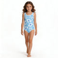 girl's blue and white floral pattern one-piece swimsuit
