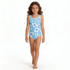 girl's blue and white floral pattern one-piece swimsuit