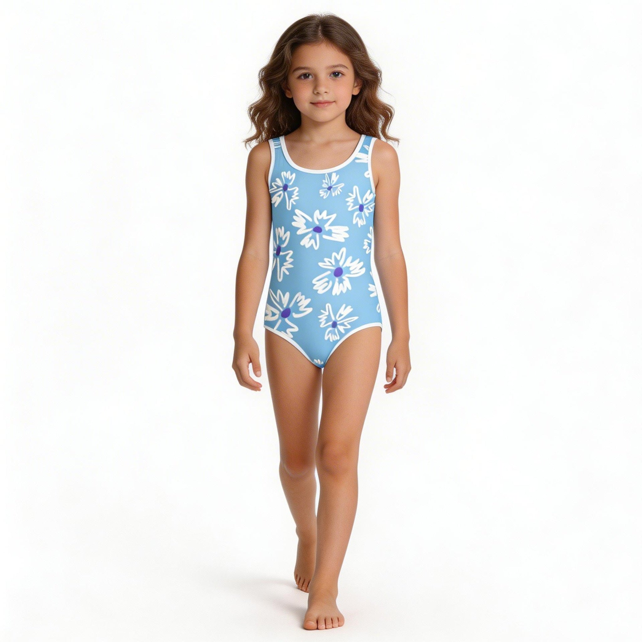 girl's blue and white floral pattern one-piece swimsuit