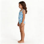 girl's blue and white floral pattern one-piece swimsuit