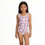 girl's white floral pattern purple one-piece swimsuit