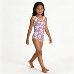 girl's white floral pattern purple one-piece swimsuit