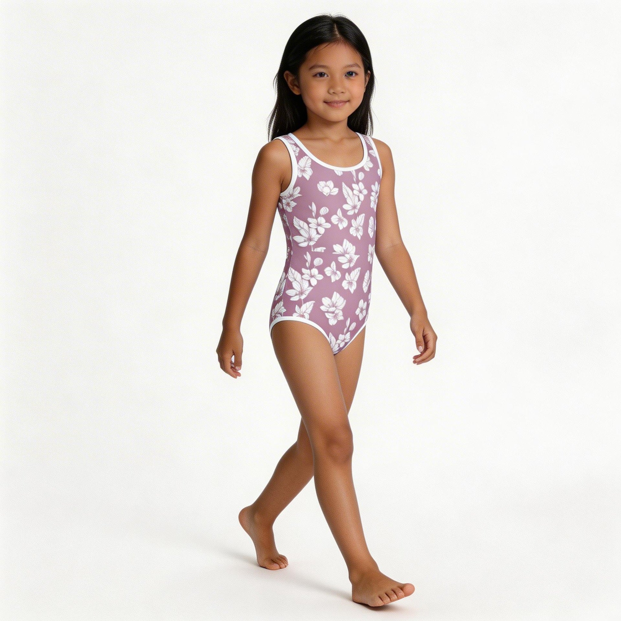 girl's white floral pattern purple one-piece swimsuit