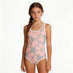 girl's pink hibiscus pattern grey one-piece swimsuit