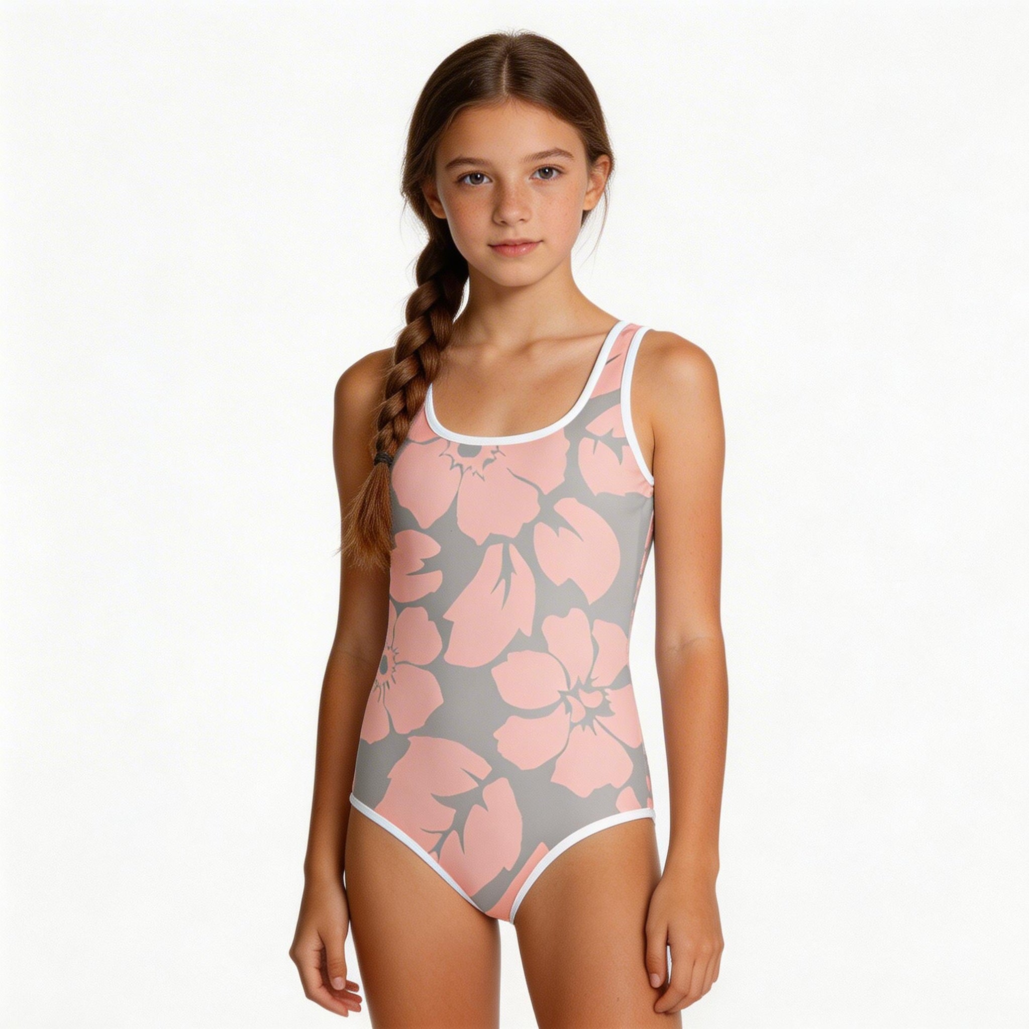 girl's pink hibiscus pattern grey one-piece swimsuit