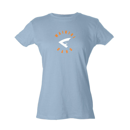 Women's Blue T-Shirt with Waikiki Oahu in Orange Around White FIAMANO Logo