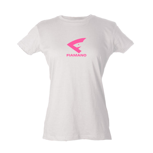 Woman's White T-Shirt with Pink FIAMANO Name and Logo