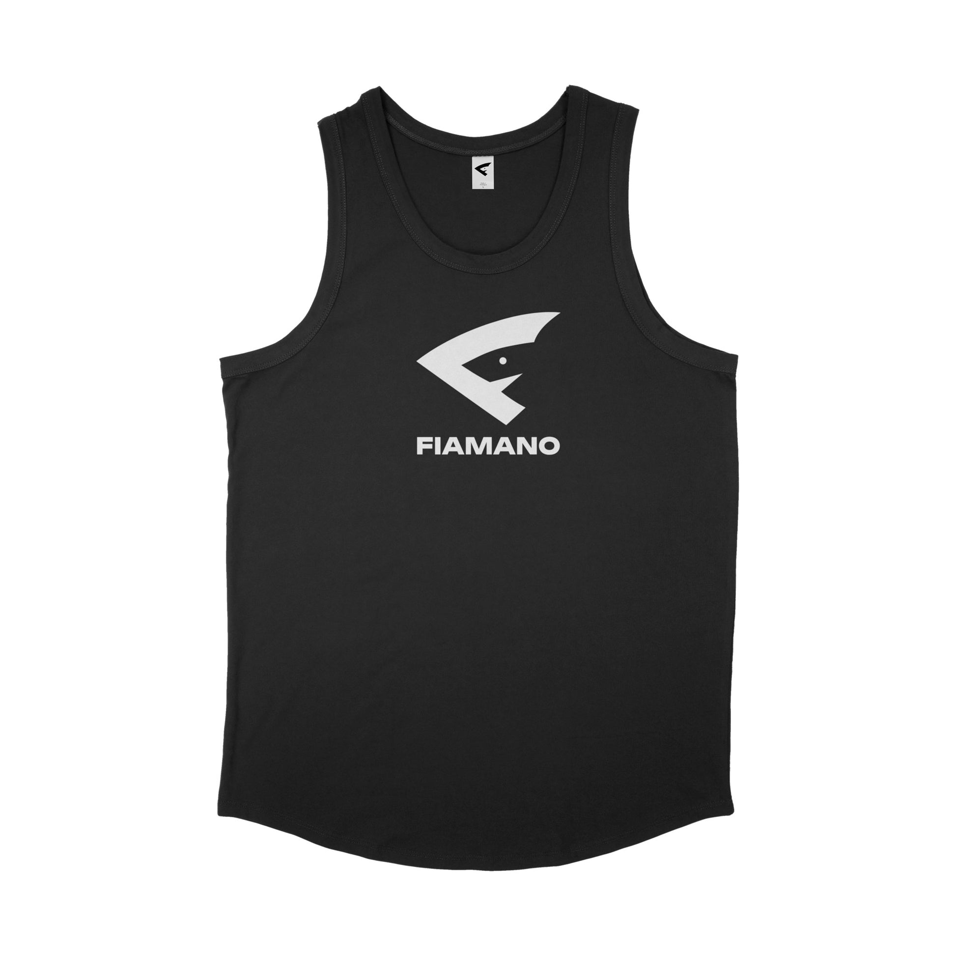 men's black tank top with white FIAMANO name and logo