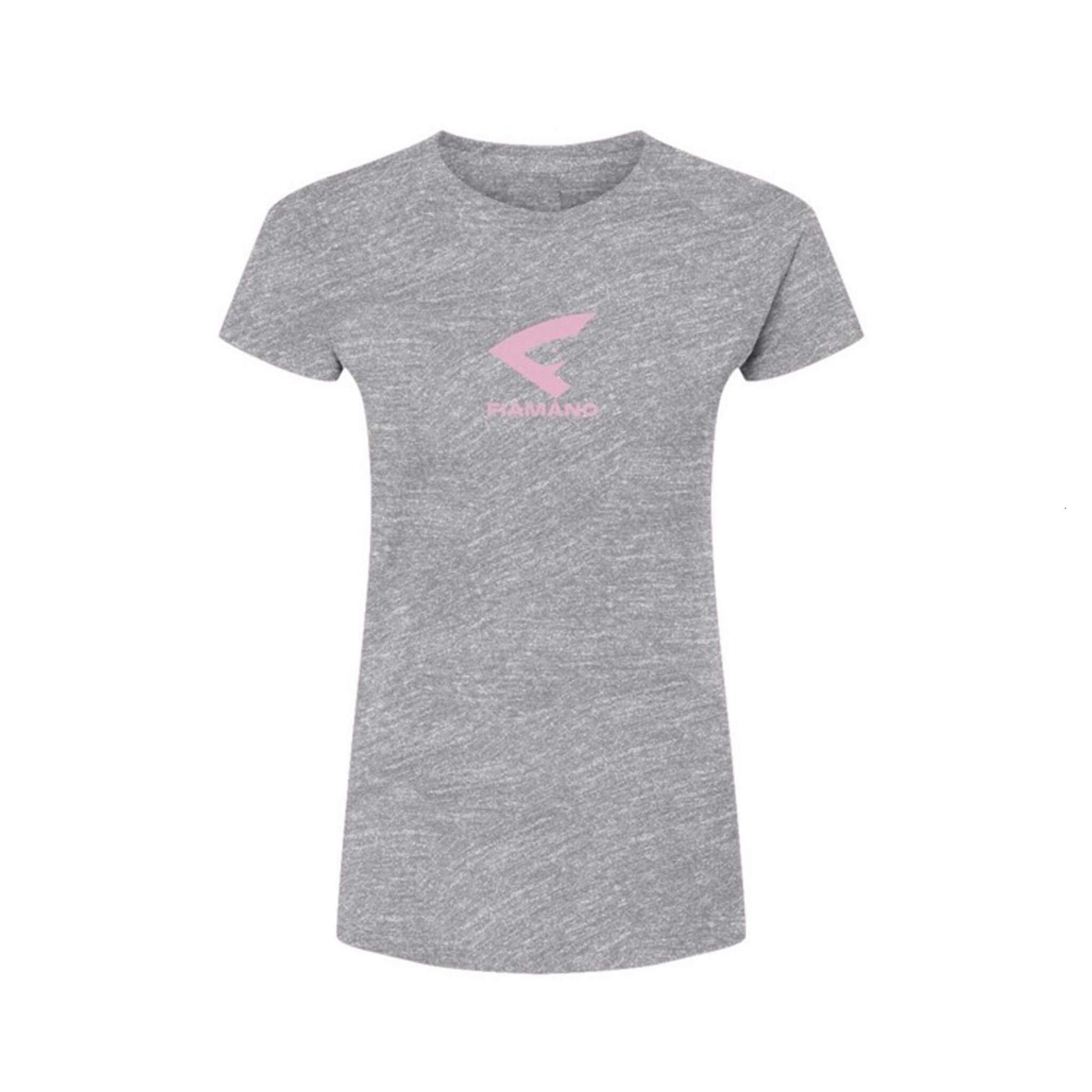 women's grey t-shirt with pink FIAMANO name and logo